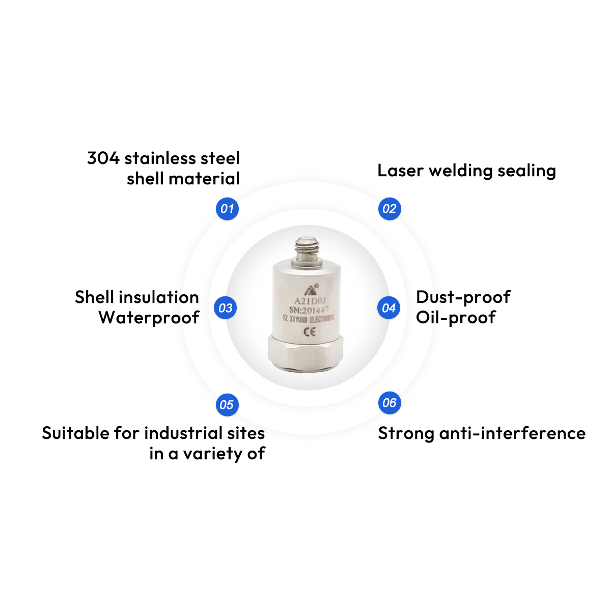 304 Stainless Steel Universal Single Axial IEPE 5mV/g Measure Range 1000g Accelerometer A21D05